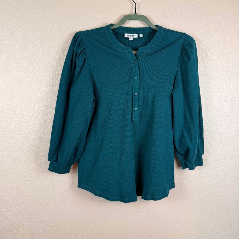 Chico's Henley Top Women L Teal Green Ribbed Puff Sleeve Cotton